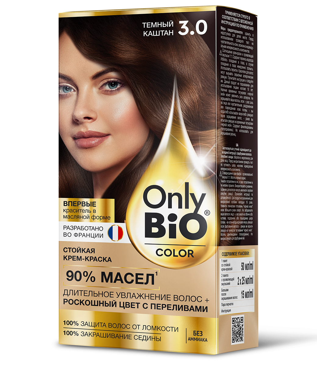картинка Only Bio Стойкая крем-краска для волос Тон 3.0 Темный каштан